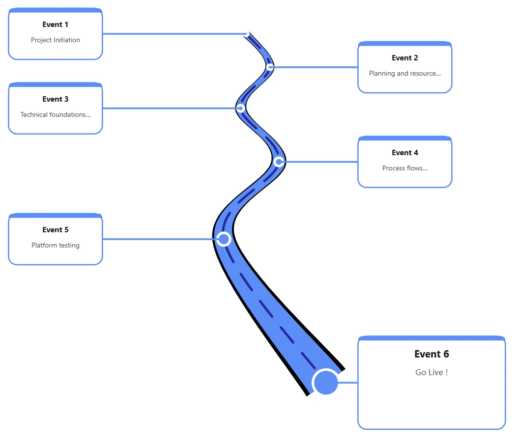 Roadmap Timeline visual showing a project delivery plan from project initiation through planning, technical foundations, process flows and platform testing to go live