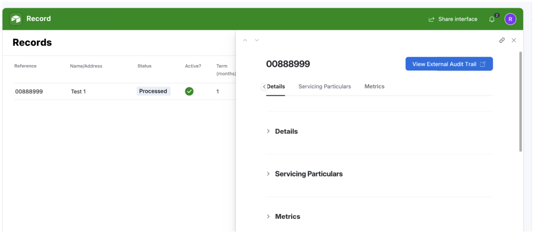 Airtable interface showing a record with a View External Audit Trail button